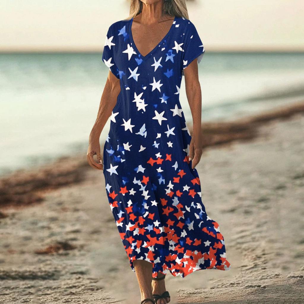Sommerkleid Damen Lang Strandkleid Elegantes Kleid V-Ausschnitt Kurzarm Sommerkleid Leicht Luftig