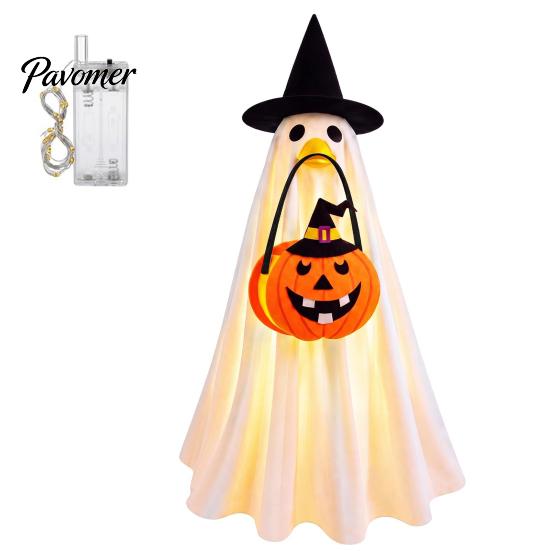 Easy to Wear Halloween Set Glowing Ghost Costume with Witch Hat & Pumpkin Tote Bag, LED Reusable Festival Clothing Light Up Fabric Outfit for