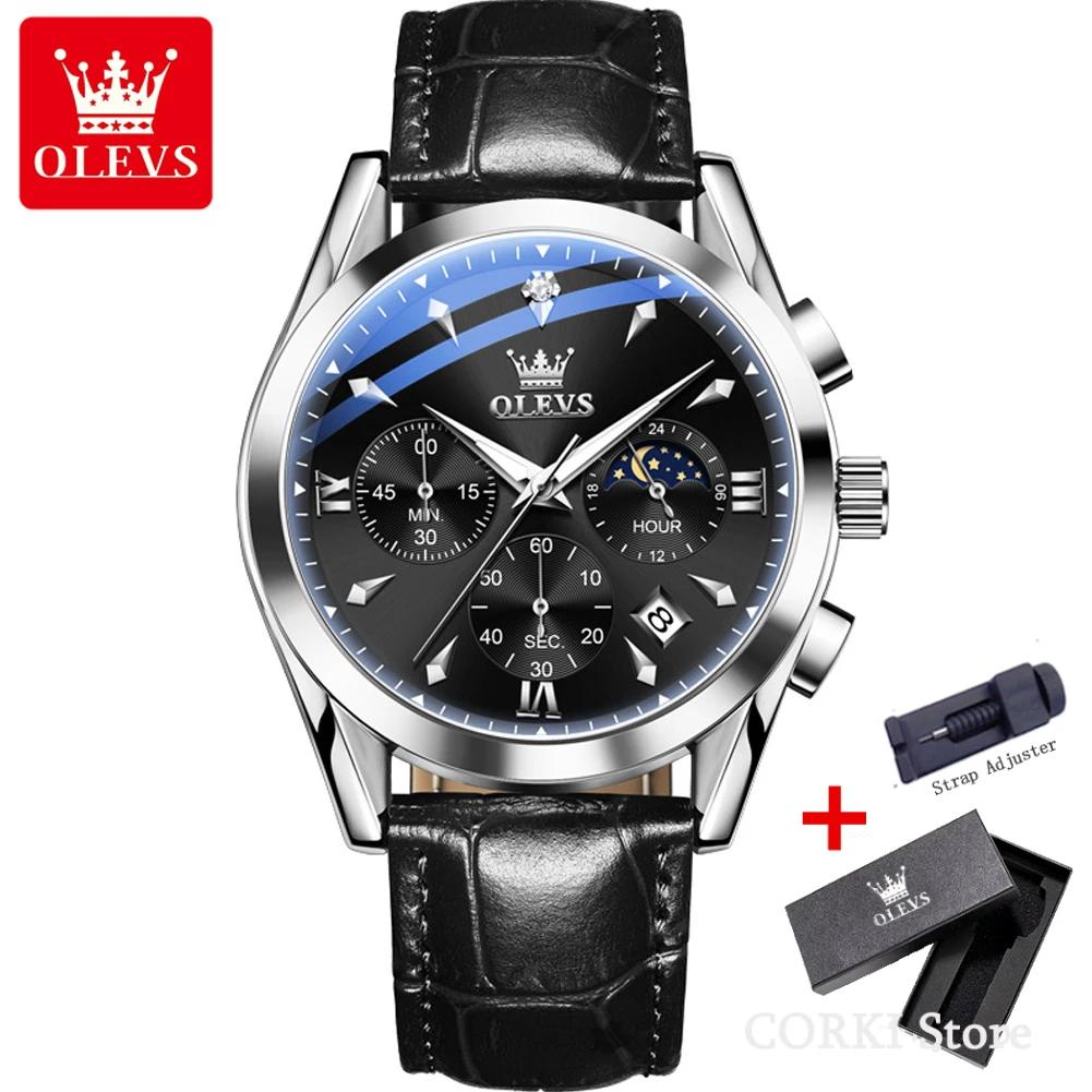 OLEVS 3609 Luxury Leather Quartz Mens Wristwatches Original Moon Phase Chronograph Waterproof Luminous Watch for Men Reloj Mujer