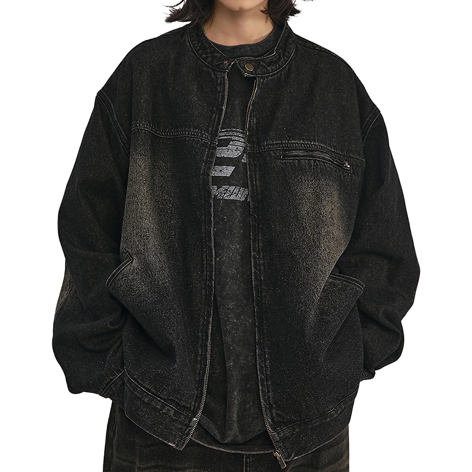 Maytopia Denim Denim Denim and Distressed Denim JK9832 Jacket, Jacket, Jacket, Men s Women s, Finish, Collarless, Material, Fall/Spring Wear, (JP, чёрный