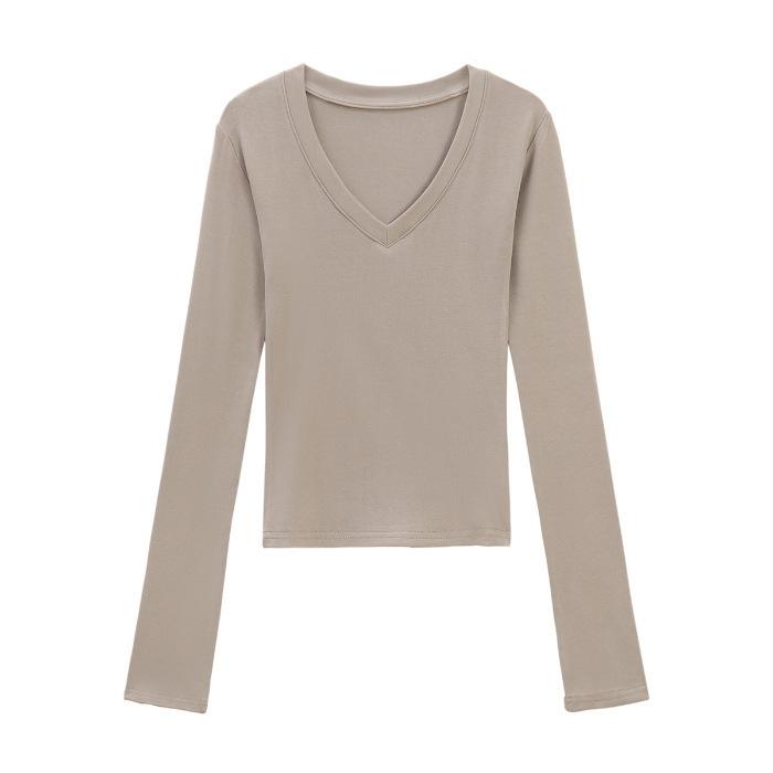 Cotton V-neck front shoulder T-shirt women's spring and autumn new Spice Girl slim and thin sexy long-sleeved bottoming shirt top