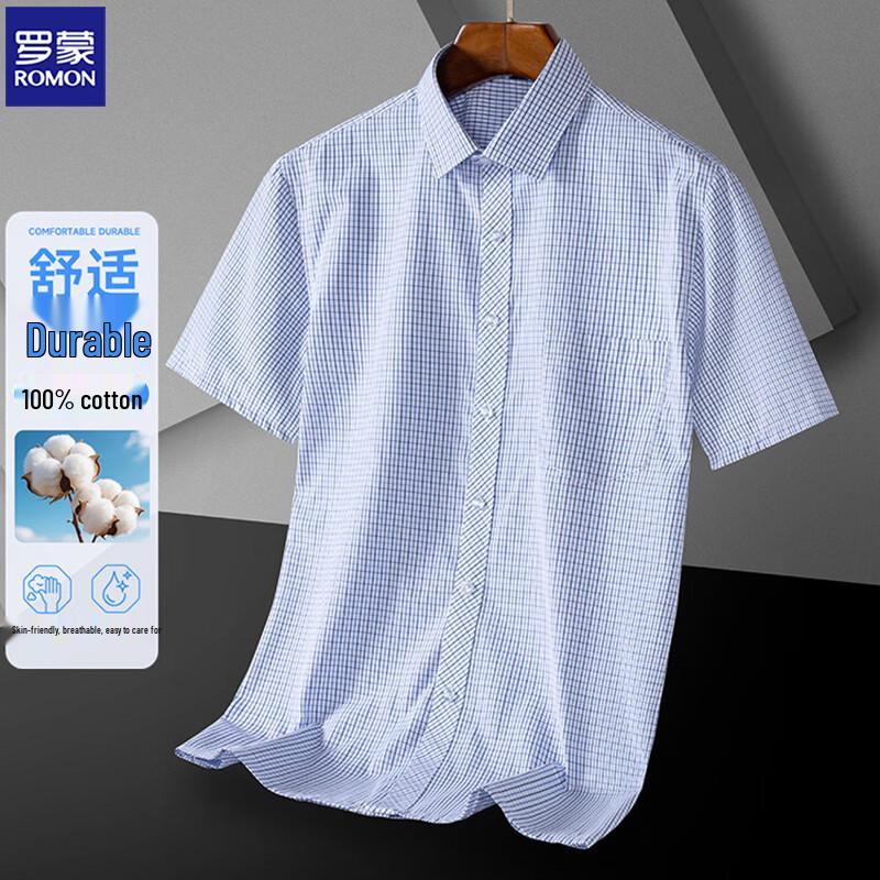 Romon Men s Short Sleeve Pure Cotton Plaid Shirt 180/104