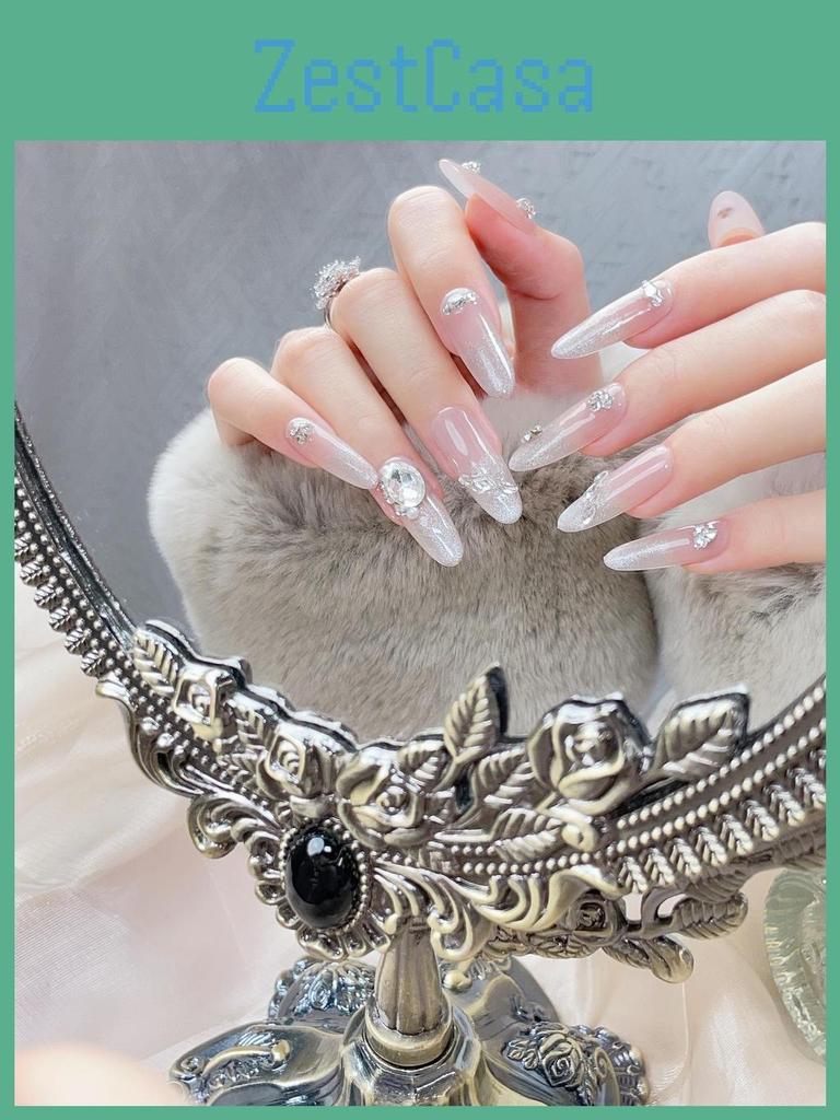 New Handmade Almond-shaped Cat Eye Nail Art With Sparkling Rhinestones Removable Fake Nail Stickers