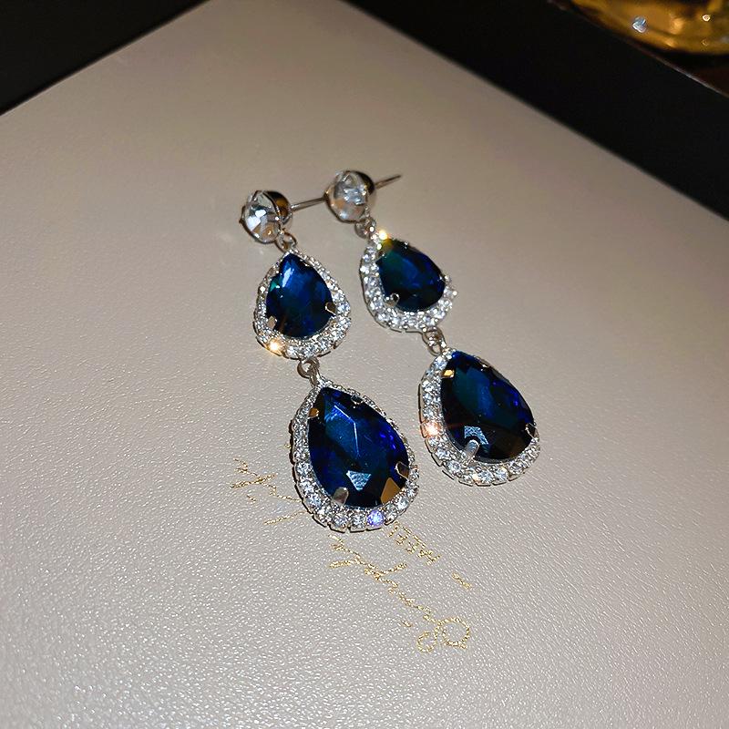 

Blue Gemstone Diamond Studded Earrings & Necklace Set - Silver Needle, French Luxury Court Style Clavicle Chain