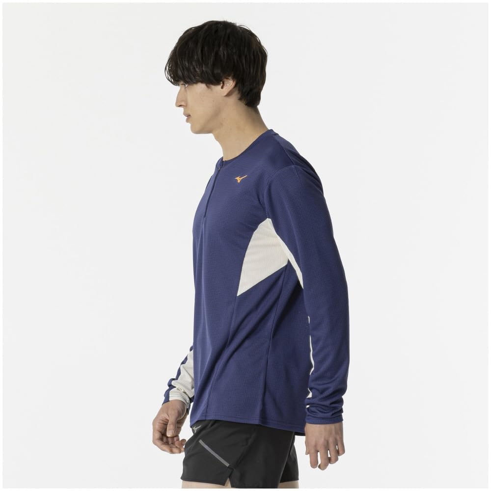 Mizuno Running Wear Dry Aeroflow Long Half Highly Estate Blue T-Shirt, Sleeve, Zip, Breathable, Reflective, J2MAB505, Men's,