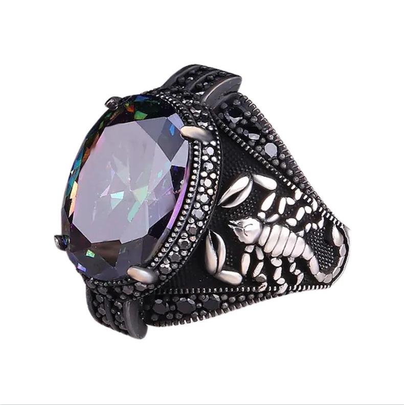Hecheng Retro Punk Colored Gemstone Scorpion Eagle Men's Ring