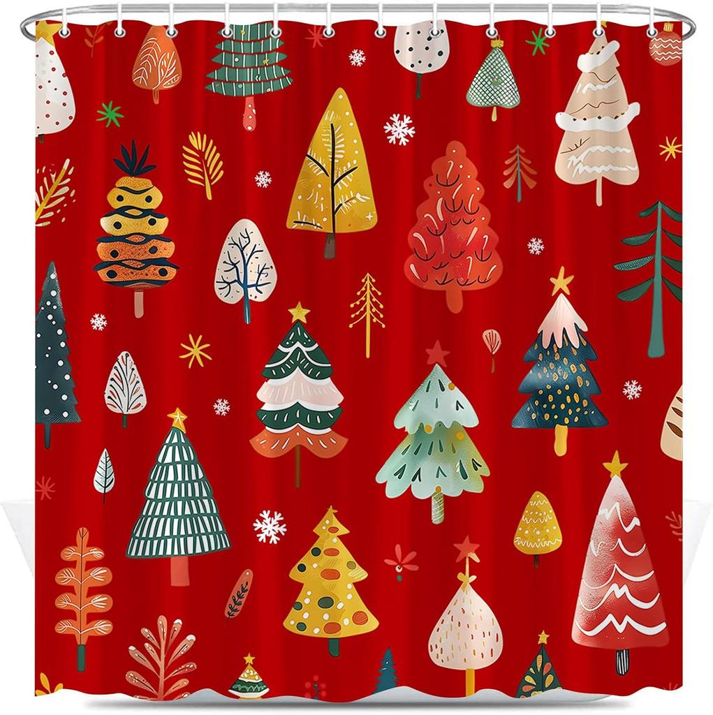 Christmas Tree Shower Curtain Cartoon Xmas Trees Winter Snowflake Cute Pine Fir Happy New Year Holiday Polyester Fabric Bathro