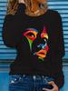 100% Pure Polyester Women's Spring and Autumn Casual Fashion Long Sleeved Portrait Graphic Printed Round Neck T-shirt