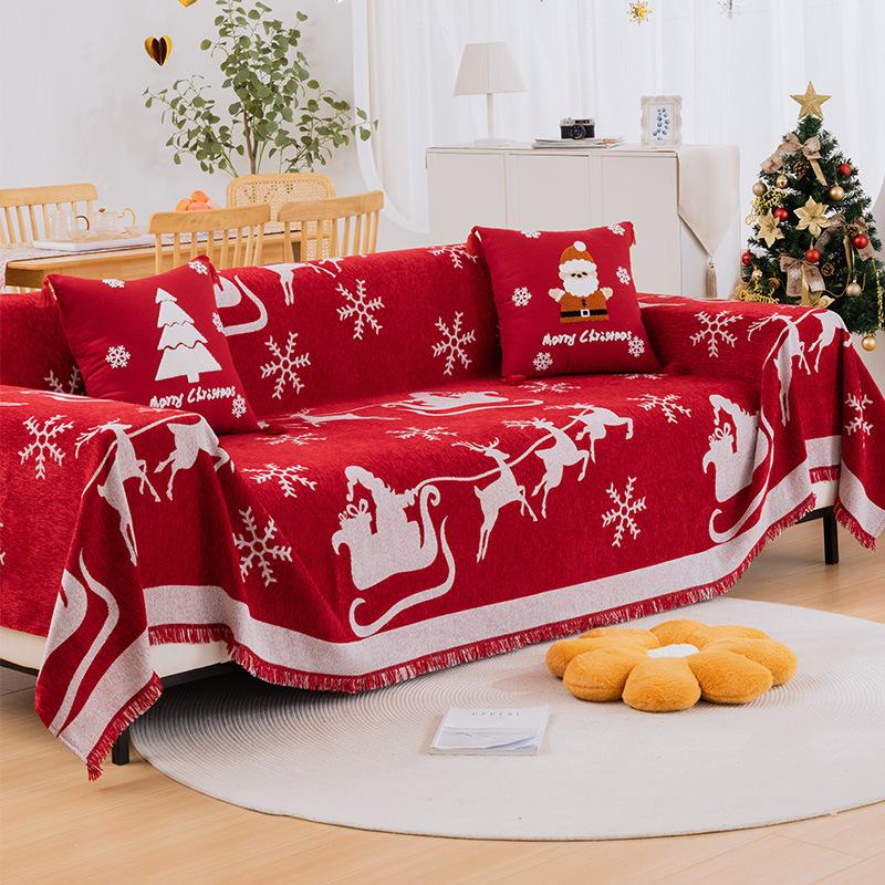 Christmas Sofa Cover Throw Blanket Red Snowflake Santa Chenille Sofa Towel Universal Furniture Protector with Tassels Xmas Home Decor for Living Room