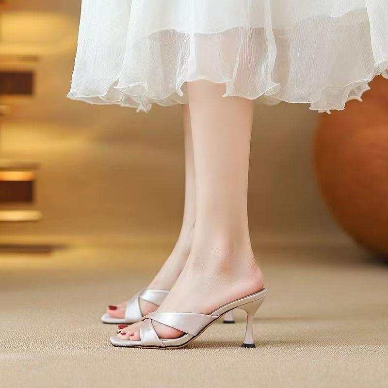 Fashion Square Head Cross-toed Stiletto High-heeled Sandals for Women's 2025 Summer New Models with Skirts, Cool Slippers for Women