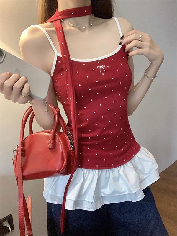 Korean Sweet & Spicy Polka Dot Red Camisole - Slimming & Versatile Summer 2026 Women's Top