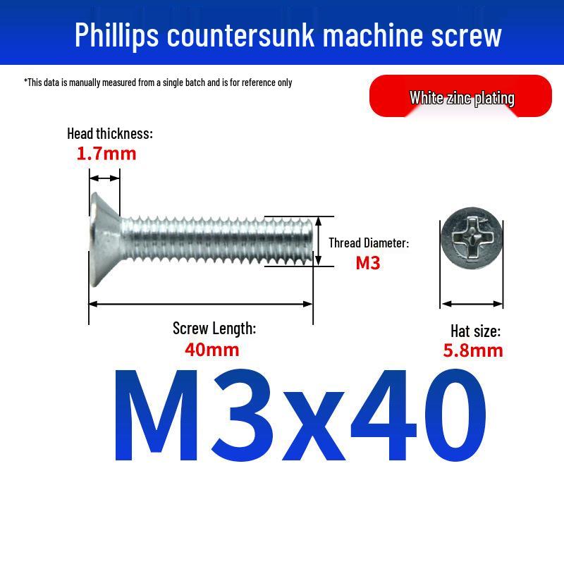 White Zinc Plated Cross Recessed Countersunk Head Screws & Bolts, Machine Thread, M3-M12