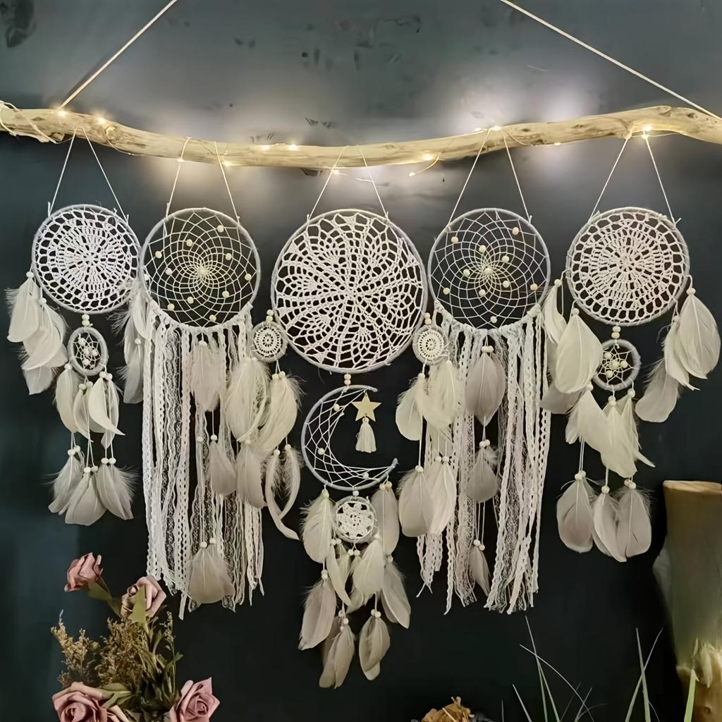 5pcs Boho Handmade Dreamcatcher Set Vintage Home Wall Artificial Imitation Feather Decorative Wall Hanging Bedroom Decorations