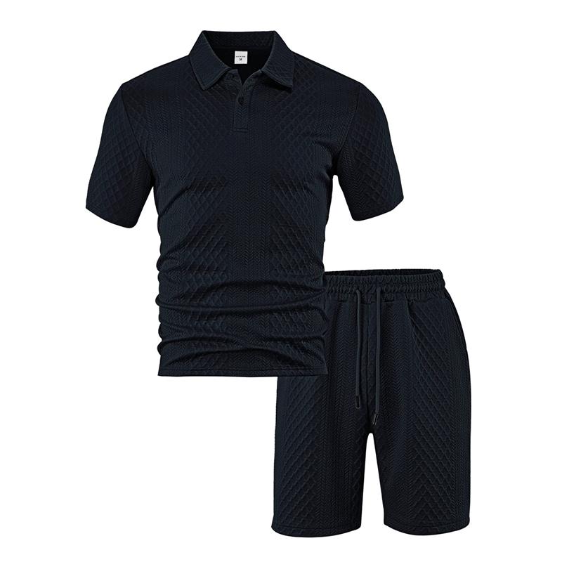 2026 Summer Fashion Sports Style Short Two Piece Set Men's Casual Solid Color Jacquard Short Sleeves Pullover POLO Shirt Shorts 2 Piece Sets