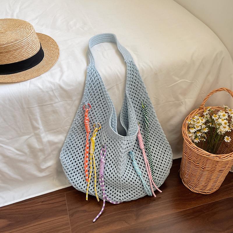 

Вязаная сумка на одно плечо лето новая отпуск досуг пляжная сумка сумка крючком портативная сумка-тоут синий