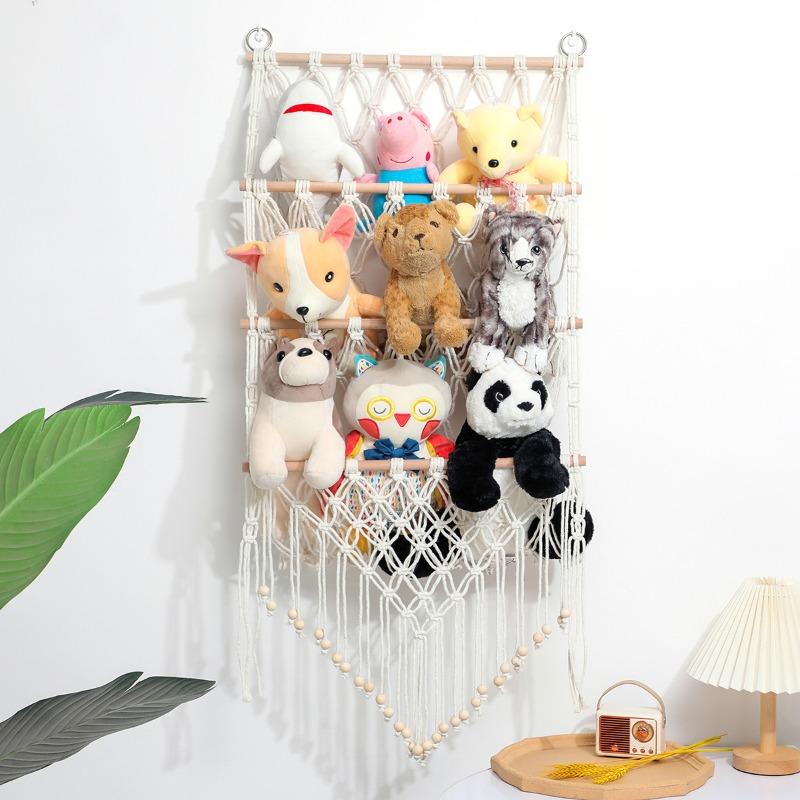 1pcs 3-Tier Wall-Mounted Plush Toy Organizer Cotton Rope & Wooden Storage Shelf for Books Decor Hanging Net Pocket Display Rack