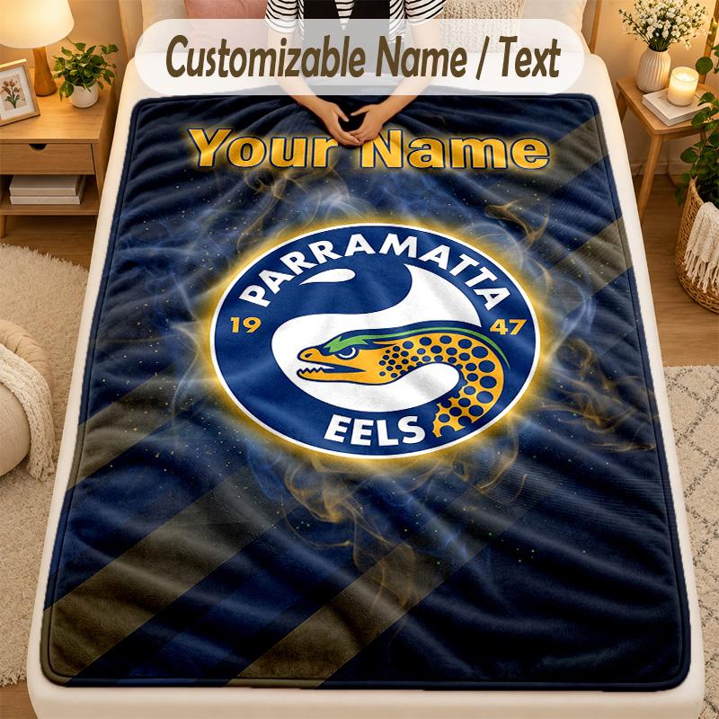 Flannel BlanketParramatta Eels Custom Name Text Personalized Soft Warm Throw Blanket Home Decor Gift