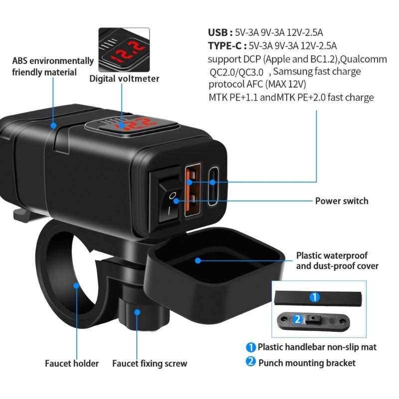 Motorcycle-Charging Socket USB Outlet DC12-24V 30W PD USB-C 18W QC3.0 Power Outlet Dustproof Phone Charger-for Motocross