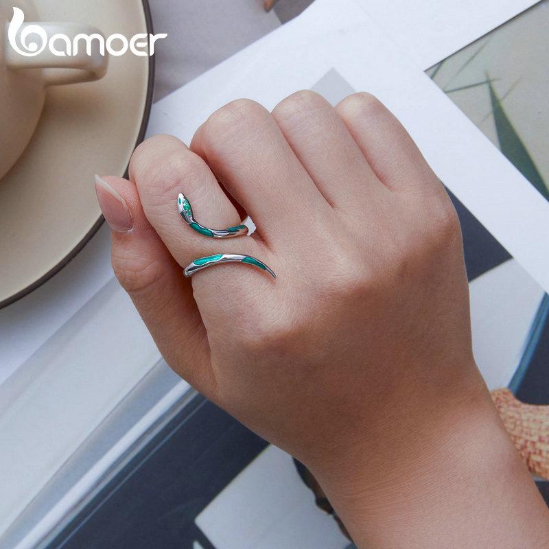 BAMOER 925 Sterling Silver Zelené smaltované zirkony Zelený had otevírací prsten pro ženy Jednoduché a módní prsteny