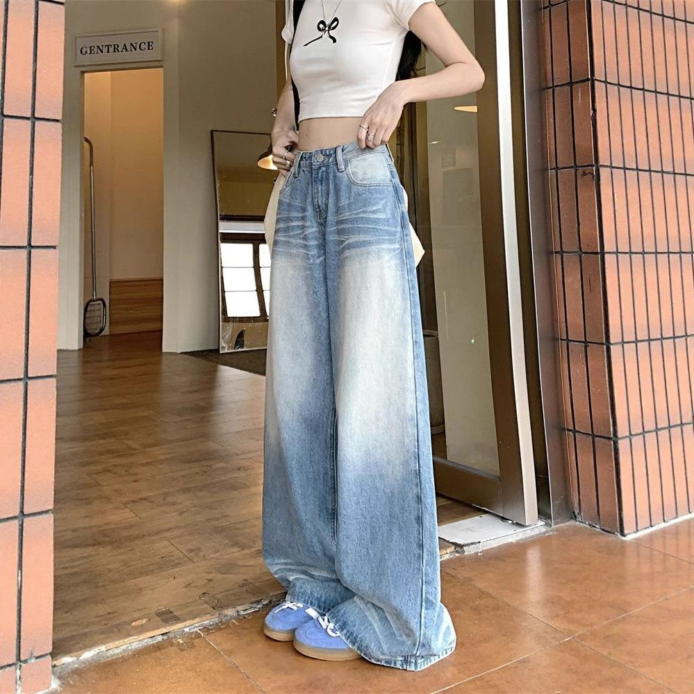 Grinding White Wash Big Size Jeans Women Crease High Waist Pear-shaped Figure Loose Straight Drag Ground Wide Leg Trousers Long Denim Pants