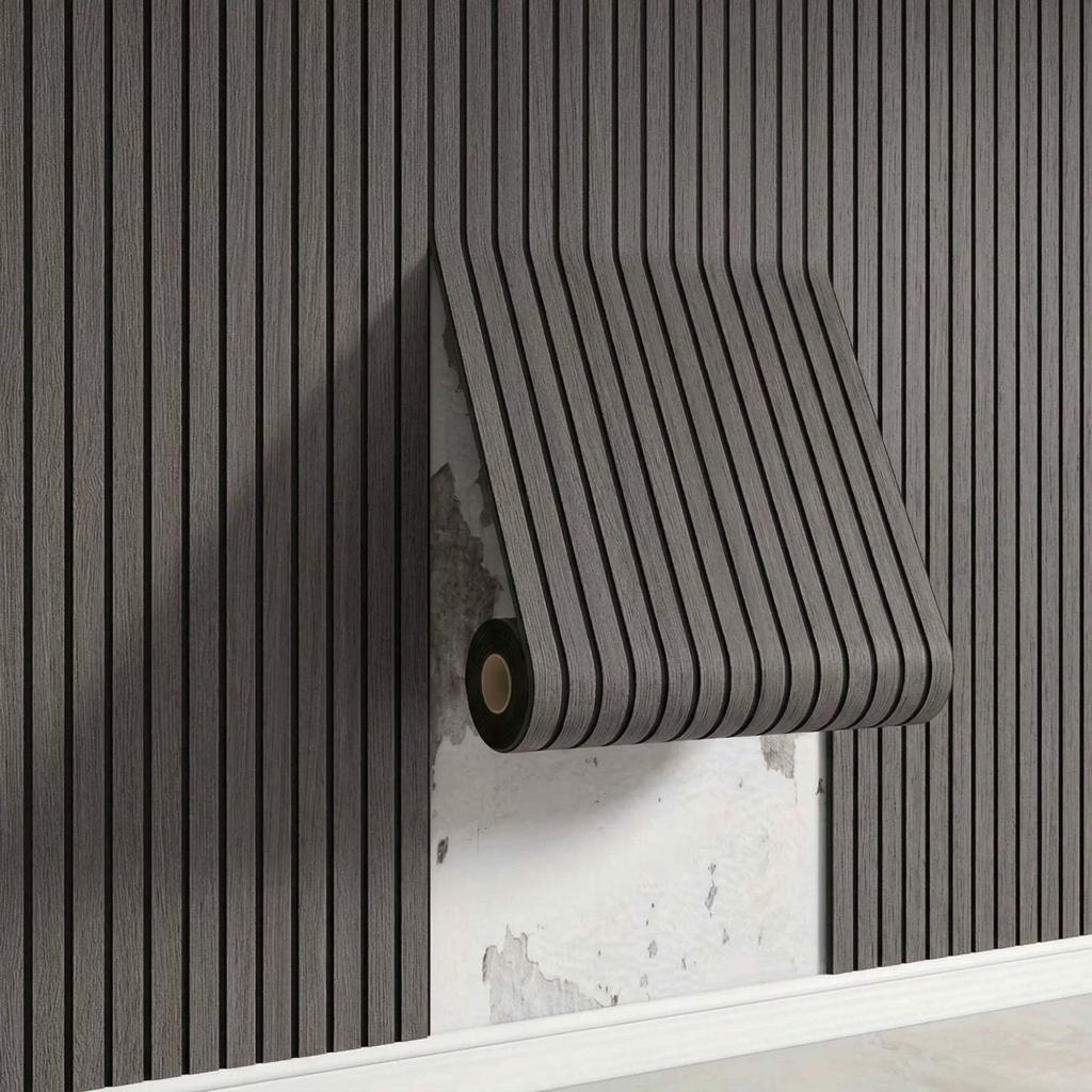 Self-adhesive Wood-grain Slat-effect Wall Sticker – 3D Grooved Grid-stripe Panel Wallpaper Roll