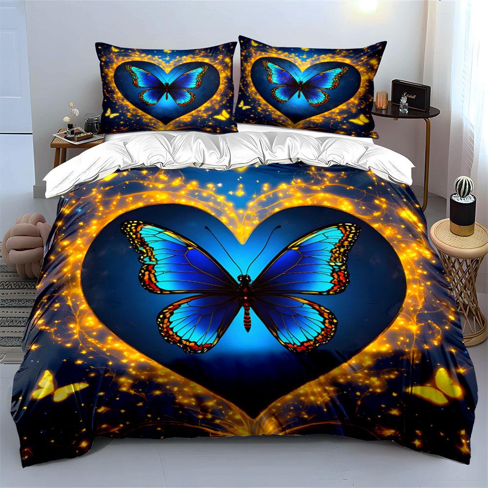 Blue Butterfly Heart Design Set Exquisite Three-Piece Bedding Set Gift For Kids And Adults
