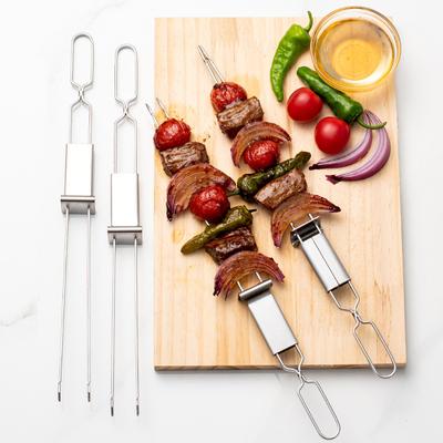 Widelec do grilla ze stali nierdzewnej, przenośny szpikulec do grilla, półautomatyczny, podwójny, do szaszłyków BBQ
