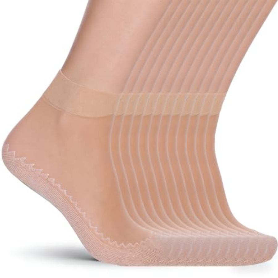 12 Paar Feinsocken Damen, Nude Knöchelsocken aus Nylon für Damen, Leichte atmungsaktive Knöchelstrümpfe beige
