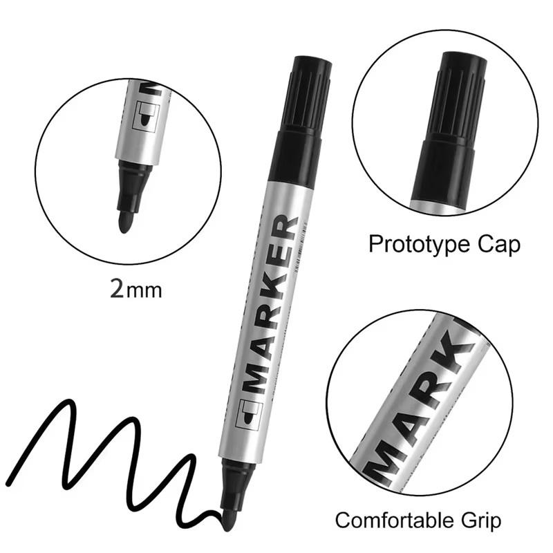 5Pcs Permanent Paint Marker Pen 2Mm Waterproof Black Pen For Tyre Oily Markers Quick Drying Signature Pen Stationery Supplies