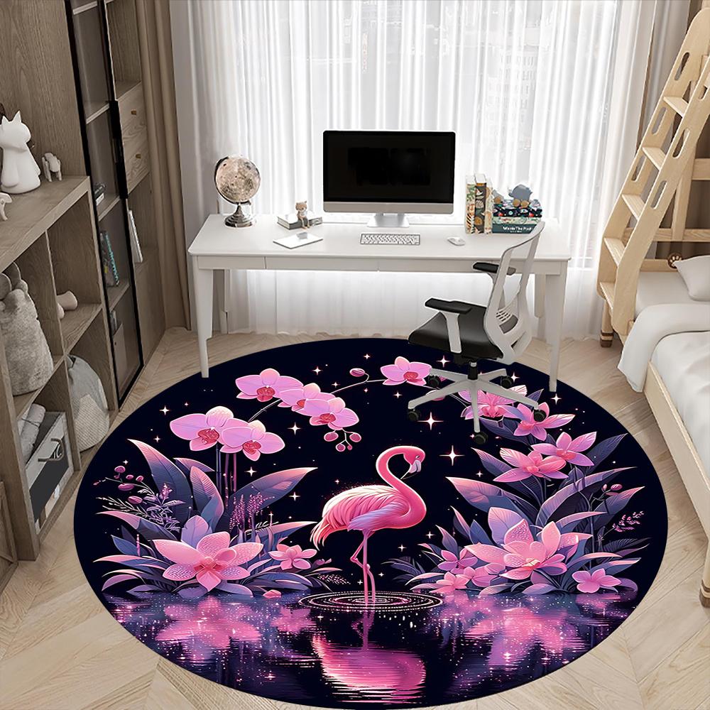 1pcFlamingo Night Garden Office Round Area Rug, Indoor Mat Suitable ForOffice, Under Office Chairs Bedroom Living Room Home Decor, Room Deco 054