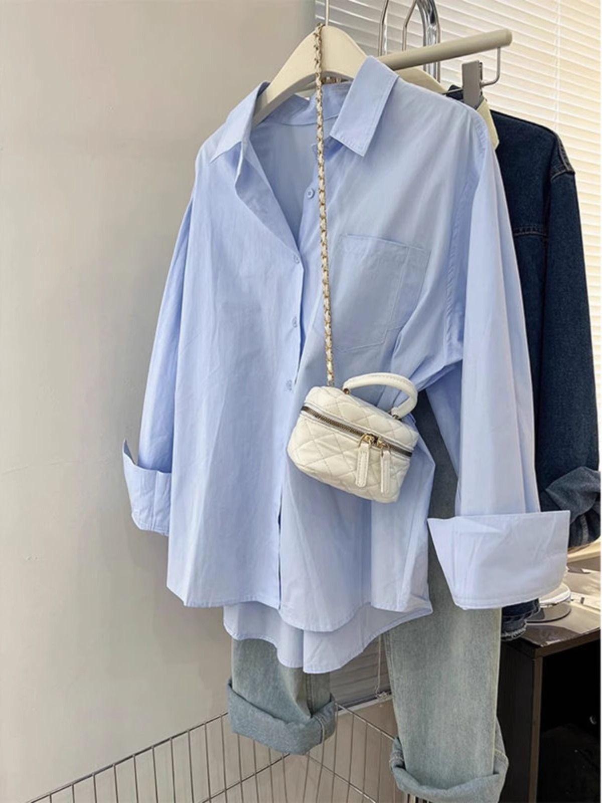 

Korean-Style Women s Blue Shirt Jacket, Spring Loose Fit with Long Sleeves and Elegant Design. M (95-110 lbs) светло-синий
