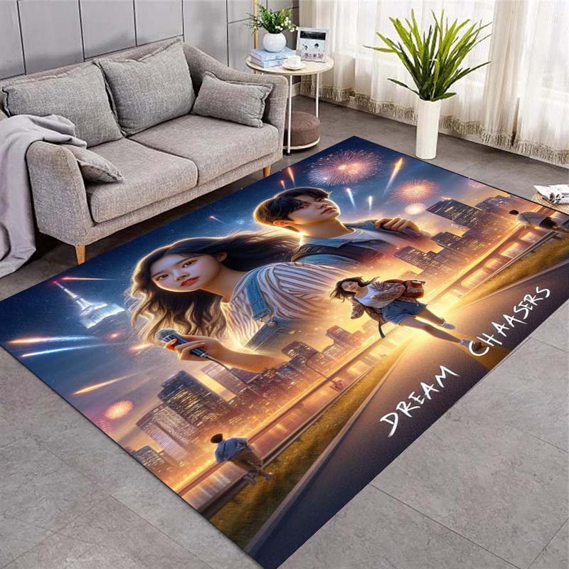 Dream Chaser City Fireworks Youth Couple Print Area Rug Urban Fantasy Non‑Slip Rectangular Floor Mat Game Room Living Bedroom Home Decor Rug