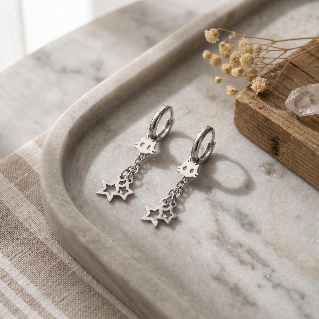 Elegant Korean Style Versatile Stud Earrings with Cute Cat and Star Tassels for Women