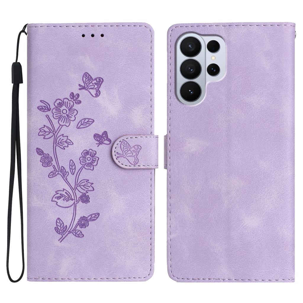 Leather Case For Samsung Galaxy S26 Ultra Imprinted Flower Phone Cover with Wrist Strap