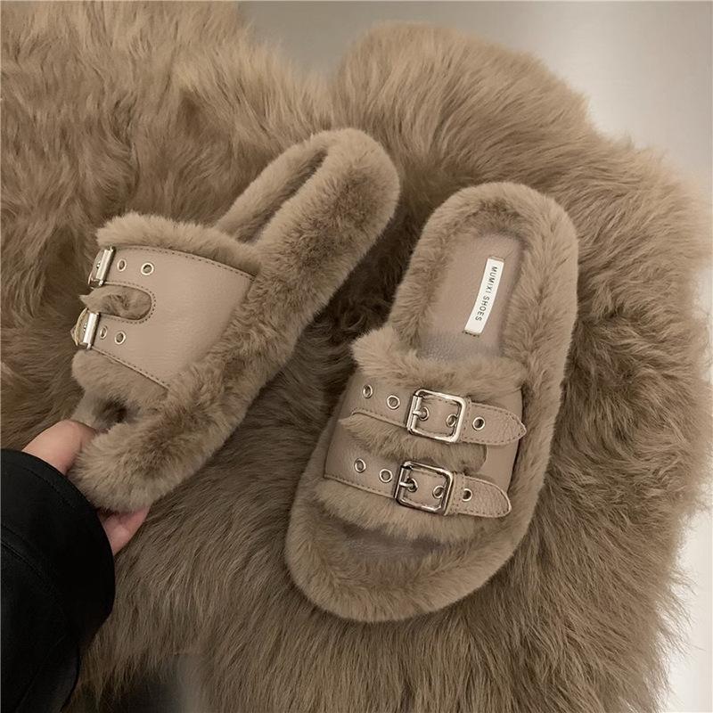 

Женские пушистые тапочки на толстой подошве, уличная обувь 2024, новые осенне-зимние, ретро, нишевые, с ремешком и пряжкой, на плоской подошве, плюшевые хлопковые туфли 40 хаки