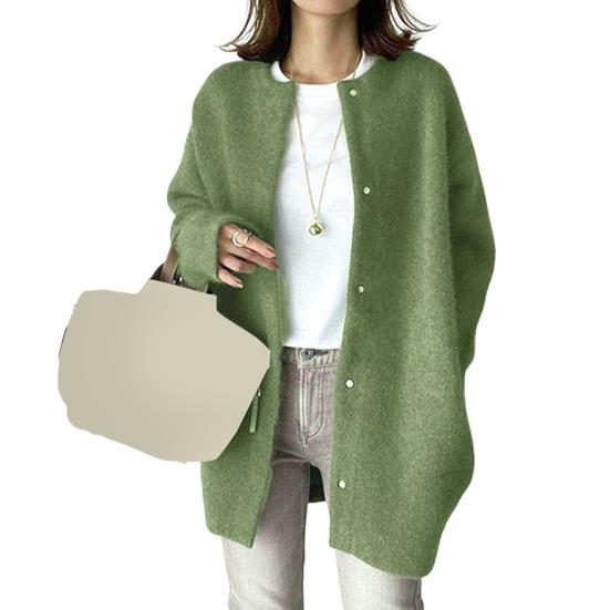 Women Coat Round Neck Long Sleeve Solid Color Knitting Outwear Solid Color