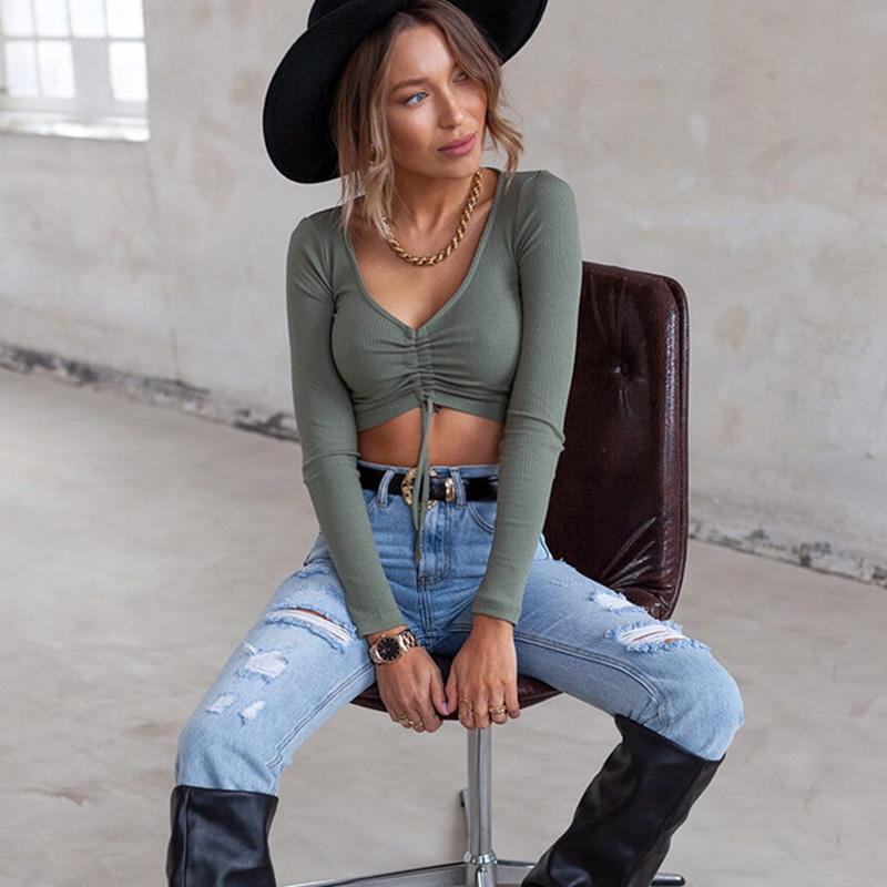 Women Spring Summer Long Sleeve V Neck Solid Color Drawstring Bare Midriff T Shirt