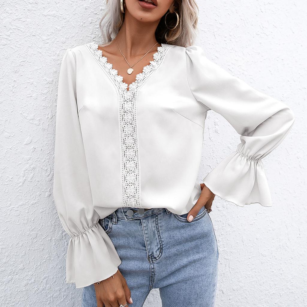 Womens Fashion  V-neck Long Sleeve Flared Sleeves  Lace Base Shirt Blouse Tops