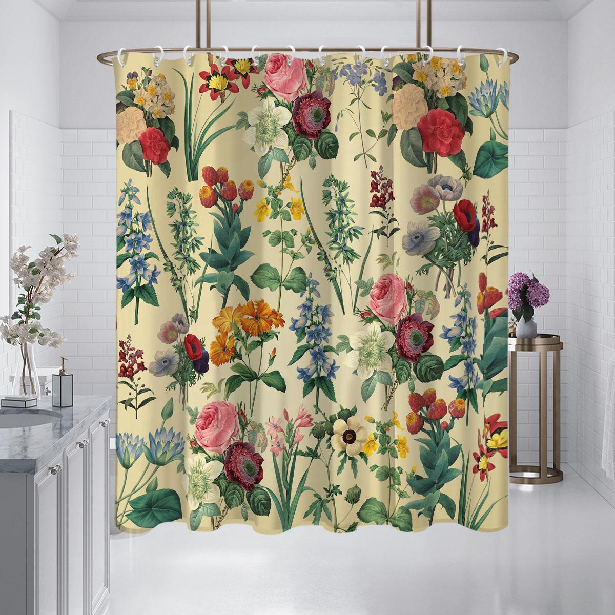 1PC retro floral pattern printed shower curtain, waterproof and washable, with 12 hooks,for bathroom showers, bathtubs, home use