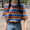 Women's Fashion Summer Casual T Shirt Short Sleeve O-Neck Rainbow Striped Flower Loose Tee