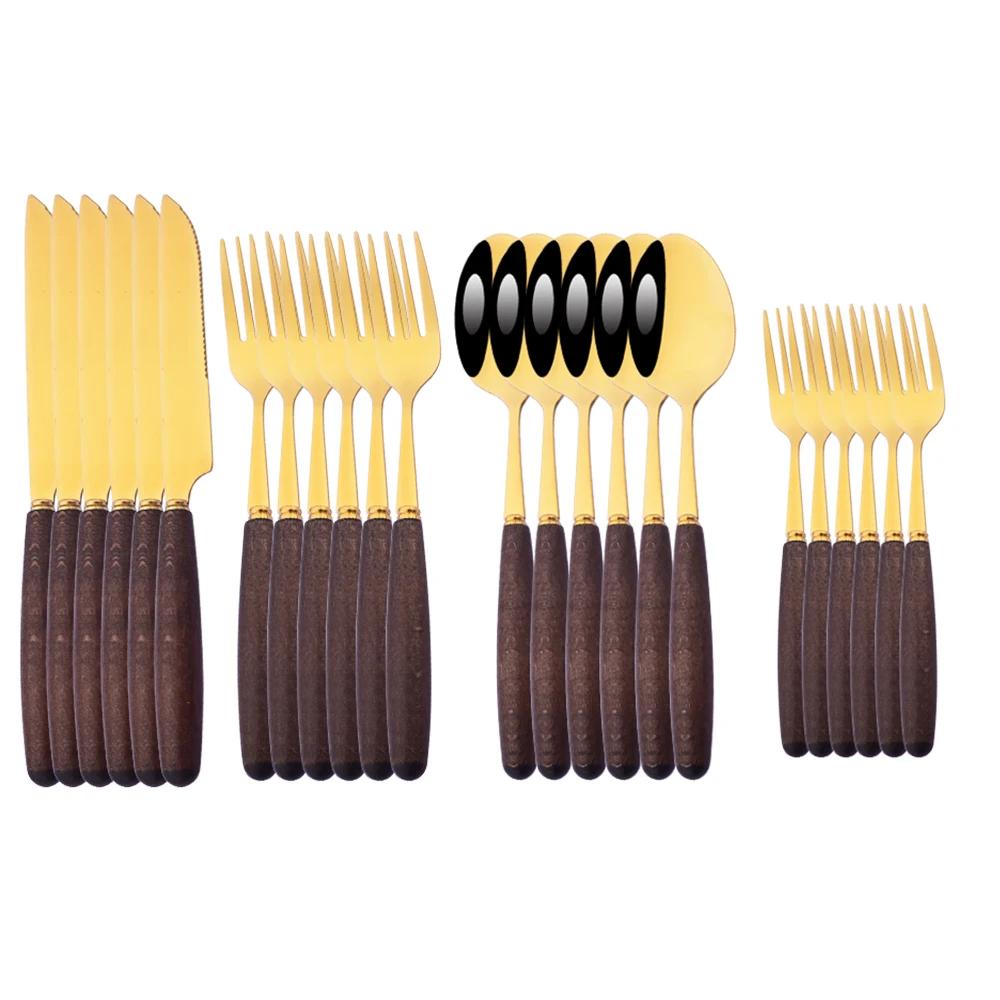 6People Stainless Steel Dinner Gold Imitation Wooden Handle Dinnerware Knife Coffee Spoon Fork Cutlery Set Tableware Silverware