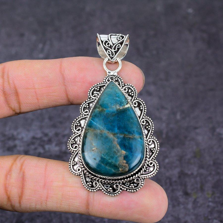 Piatră prețioasă Apatit Albastru Neon Natural Argint Sterling 925 Pandantiv Cadou 2,60" j6W40