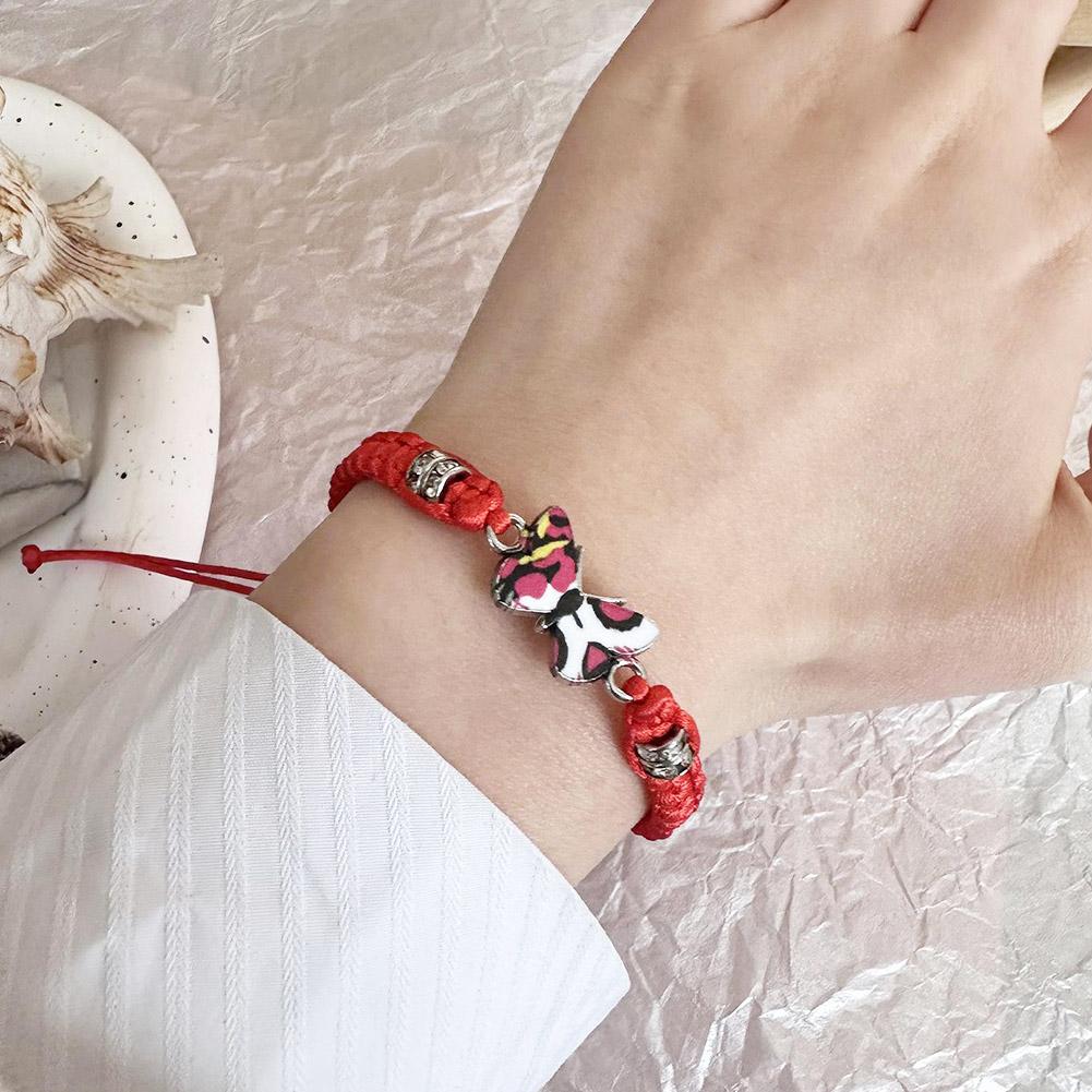 Adjustable Black White String Rope Braided Bracelet for Women Pink Butterfly Pendant Charm Bracelets Handmade Jewelry Girl Gifts