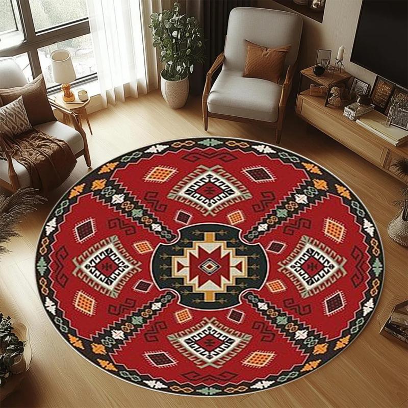 Винтажный tribal-узор Круглый коврик Ковер Декор для дома Индийский стиль Цветной геометрический дизайн Напольный декор Гостиная 40x40cm