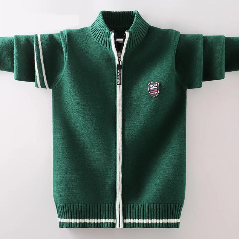Cardigan zippé en tricot rouge pour garçon: Doublé polaire, Pur coton, Laine épaisse pour l'automne/hiver