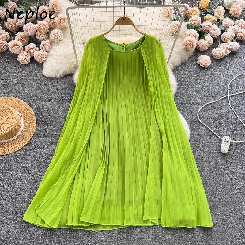 Vår Ny O-hals Kappe Kjoler Tungt Rynket Løs A-linje Kjole for Kvinner Y2k Middels lengde Rett Kvinnekjoler