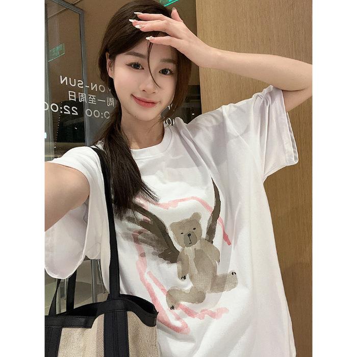 

Korean cute bear print short-sleeved T-shirt women s summer 2025 new design sense casual loose black top S белый