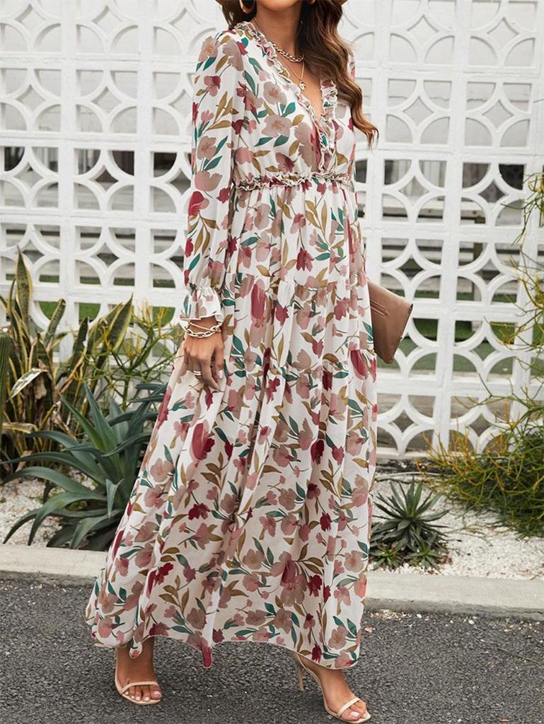 New Long-Sleeve European & American Women's Fashion Print Evening Dress