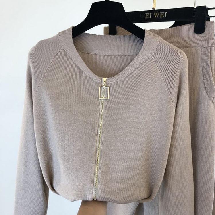 3 teile/satz Gestrickte Pullover Anzug Casual Kette Weste Gestrickte Jacke + Elastische Hosen Drei-stück Sets Frauen Outfits