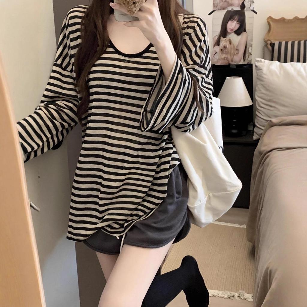 Women's Striped U-Neck Sun Protection Long Sleeve Oversized Cover-Up T-Shirt